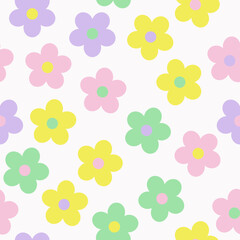 Y2k seamless pattern with groovy daisy. Vector background in trendy retro trippy 2000s style. Lilac, pink, yellow and green color. Funny cute texture for surface design.