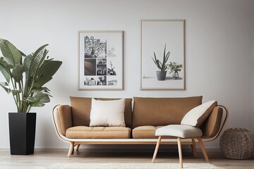 Modern scandinavian living room interior with mock up poster frame, design wooden commode, tea pot, rattan pouf, plaid and elegant accessories. Beige concept. Stylish home decor. Ready to use.