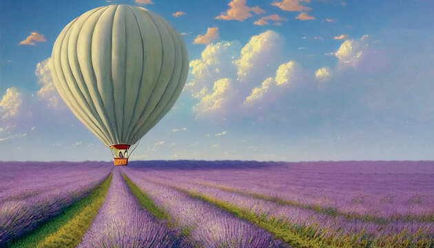 Lavender field, beautiful view, flying balloon, white-maned clouds, fantastic landscape	
