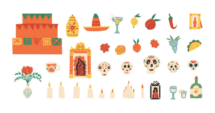 Cute Dia De Los Muertos outline collection, Day of the Dead vector clipart set. Altar or shrine, sugar skulls, candles.