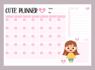 Cute kids monthly planner, to do list and notes with cute cartoon girl. Vector horizontal template. Girlish organizer in pink for print and design, children collection, stationery, schedule, planning.