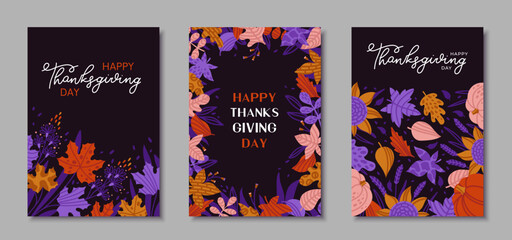 Fototapeta na wymiar Set of card Happy Thanksgiving Day with pumpkins, sunflowers and color autumn leaves