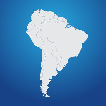 Detailed contour map of South America. Continent with country borders. Detailed vector illustration