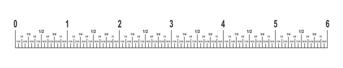 6 inches ruler scale with fractions. Unit of length in imperial system of measurement Math or geometric tool with markup and numbers isolated on white background. Vector outline illustration