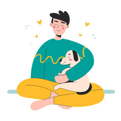 Naklejka premium Boy Relaxing and Spending Time with your Dog. Character Take Care of Dog. Best friends. Pet Sitter and Animal Lover Concept. Flat Cartoon Vector Illustration.