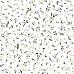 Vector hand-drawn small branches with berries and ornamental leaves seamless pattern. Minimalistic floral background. Botanical repeatable simple backdrop.