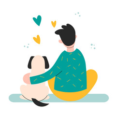 Boy Relaxing and Spending Time with your Dog. Character Take Care of Dog. Best friends. Pet Sitter and Animal Lover Concept. Flat Cartoon Vector Illustration.