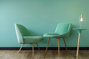 Fototapeta na wymiar Soft mint green chair in retro style in open space with mint lamp and plant on wooden table