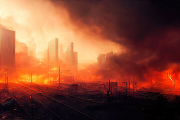 3D Illustration. Digital Art. Warzone city with smoke and fire sources, concept art - obrazy, fototapety, plakaty
