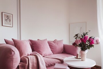 Pillows on pink sofa in white apartment interior with painting and flowers on copper table. Real photo