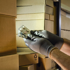 Medicines in the hands of a male warehouse worker. The crisis of pill delivery and problems with the logistics of medical products