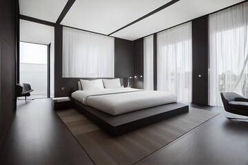 Fototapeta na wymiar Stylish interior of contemporary room with comfortable bed