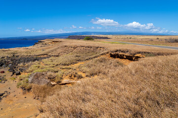 grassland expanse and road along rocky coast winding toward wind farm on horizon at south point hawaii 
