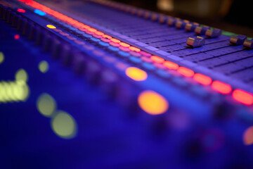 View of music mixer in concert, filled with lights.