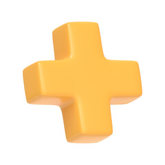 Obraz premium Yellow plus sign isolated on white background. 3D icon, sign and symbol. Cartoon minimal style. 3D Rendering Illustration