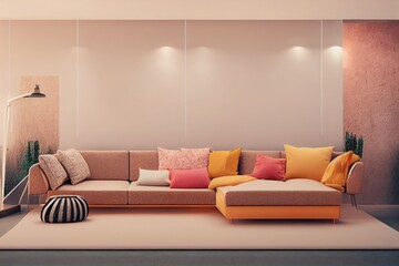 Contemporary interior with sofa, wall panel and decor. 3d render illustration mockup.