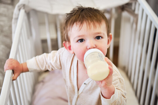 Toddler baby is standing with a bottle of formula milk in the crib, portrait happy child. Kid is a boy aged one year and three months