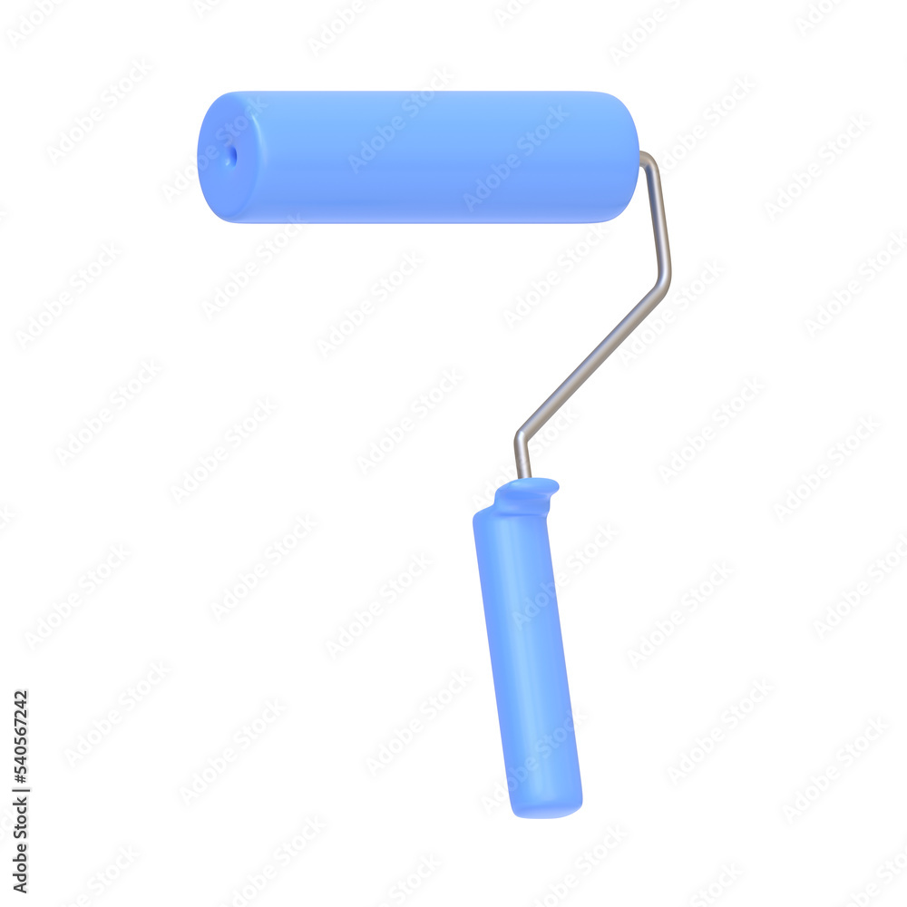 Poster blue paint roller isolated on white background. 3d icon, sign and symbol. cartoon minimal style. 3d 