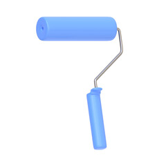 Blue paint roller isolated on white background. 3D icon, sign and symbol. Cartoon minimal style. 3D Rendering Illustration