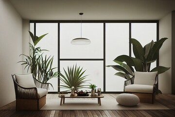 Interior Living room tropical style with armchair and mini cabinet wooden.3D rendering