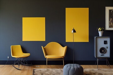 Yellow armchair and retro cabinet with a record player and a plant on the grey wall in dark living room interior