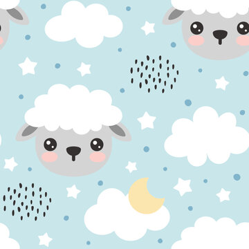 Sheep face with big eyes and cheeks on a pastel blue sky background with dots and stars. Kids pajama, fabric and textile seamless pattern print.