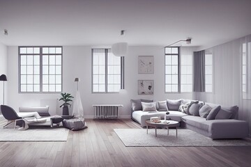Fototapeta na wymiar luxury studio apartment in a loft style in light white colors. Stylish modern room area with wooden floor parquet and comfortable chair with a soft, warm blanket. 3d render