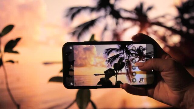Woman is filming a sunset on the beach with her phone. Waves, palm trees and sand in the frame