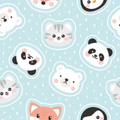 Dashed pastel blue animals seamless pattern for kids, polar bear, penguin, fox, panda, kitten cute faces with white strokes. Baby boy and girl fabric print.