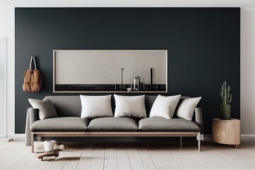Mock up wall in Scandinavian living room design, home decor with dark sofa and natural wooden furniture on empty bright background, 3d illustration