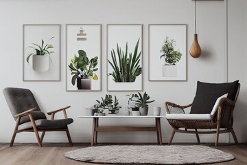 Fototapeta premium Modern scandinavian living room interior with mock up poster frame, design commode, plants, rattan armchair, book and elegant accessories in stylish home decor. Template.