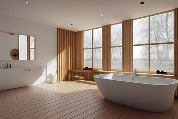 Fototapeta na wymiar Front view on bright bathroom interior with bathtub, two mirrors, panoramic window, white walls, wooden partition, oak hardwood floor, sinks, carpet. Concept of water treatment. 3d rendering
