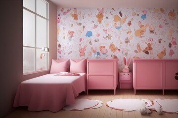 Teddy bear and rabbit doll in the children's room on wall background.3D Rendering