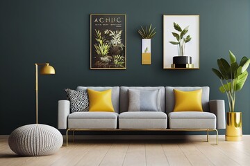 Luxury interior with stylish wooden commode, gold mock up poster frame, plants, book, decoration and elegant personal accessories. Modern living room in classic house. Template.