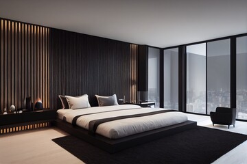 Modern interior design of dark black luxurious bedroom with wood slat wall and accent lighting, mock up, 3d rendering