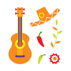Mexican Symbols with Guitar, Sombrero Hat and Chili Pepper Vector Set