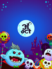 Vector illustration for halloween with blue background, vampire candy skulls and ghosts.