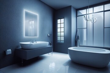 Fototapeta na wymiar Luxurious Modern Bathroom interior design,white bathtub on grunge dark blue wall,3d render