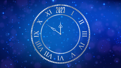 Obraz na płótnie Canvas New Year 2023 background with clock. Vector illustration.