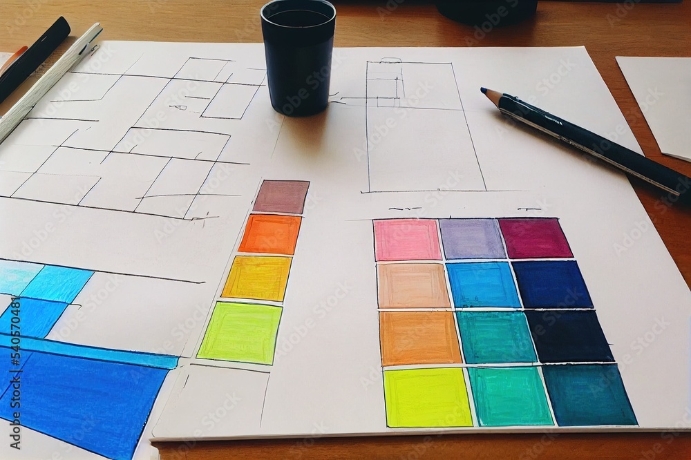 Poster architect designer interior creative working hand drawing sketch plan and selection material color. 