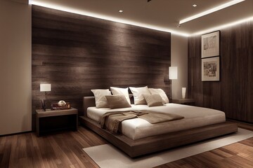 3d rendering a luxury bedroom interior with dark tone style. wood headboard and wooden floor decorated by brown art design on the wall.