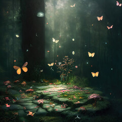 fantasy forest with flowers and fairies
