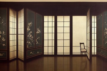 Interior of stylish room with folding screen