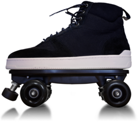 Clipping isolated photography on transparent background of a roller skate quad from side with four wheels mounted on a black suede high-tops sneakers shoes.