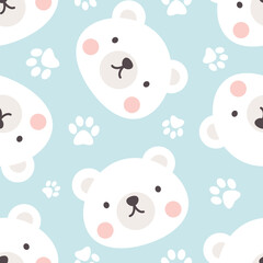 Polar bear cute face with footprints texture, kids baby blue color woodland animals seamless pattern for wrapping paper, fabric and textile print.