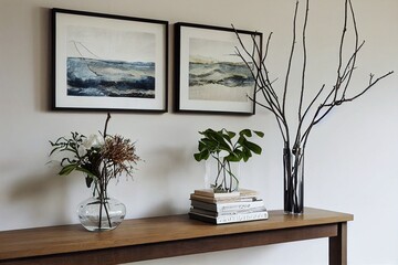 Simple painting above wooden console table with twigs in a glass vase in modern living room interior