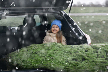 Girl sitting in the trunk with a Christmas tree
