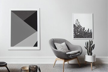 Design scandinavian home interior of open space with mock up posters gallery wall, white shelf, stylish chair, plants and elegant accessories. Gray background walls. Retro cozy home decor. Template.