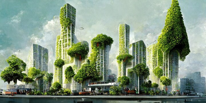 Environmentally friendly city of the future with vertical gardens and green plants on a clean green city, zero emission buildings, conceptual illustration