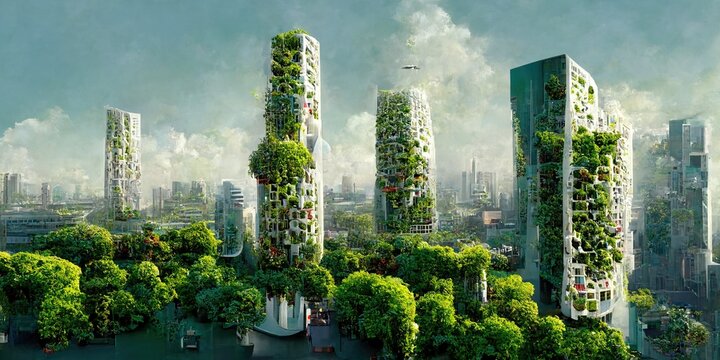 Environmentally friendly city of the future with vertical gardens and green plants on a clean green city, zero emission buildings, conceptual illustration